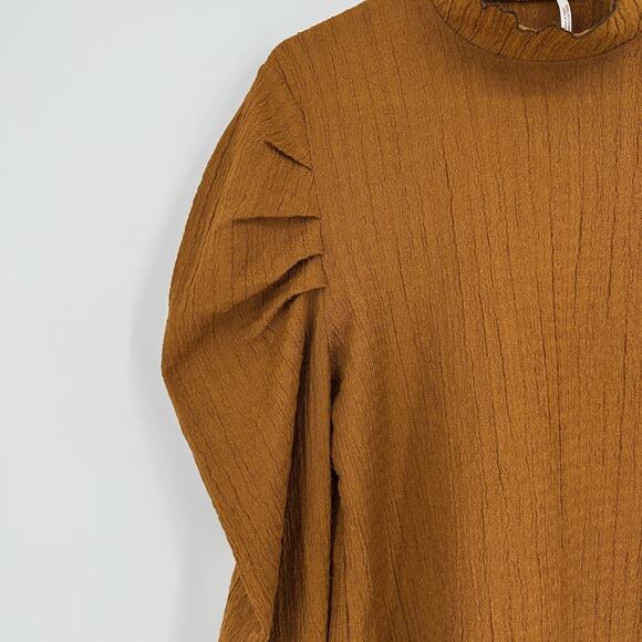 Free People Sweater Womens Large Brown Textured Puff Sleeve High Neck Boho Top - Picture 4 of 14